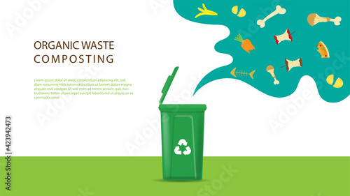 Compost illustration, compost bin  with organic waste illustration for waste composting,  waste recycling process concept for compost organic waste vector illustration. 