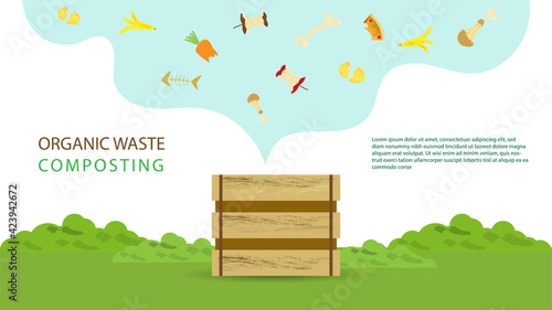 Compost illustration, compost bin  with organic waste illustration for waste composting,  waste recycling process concept for compost organic waste vector illustration. 