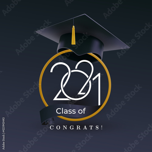 Class of 2021 with graduation cap. Congratulations on graduation with the inscription graduate. Vector illustration template for design party high school or college, graduation invitations
