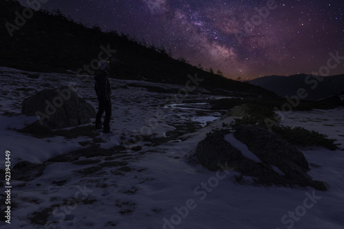 landscape with snow and the milky way in the mountains with a unrecognized person