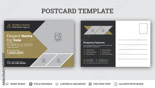 Real Estate Postcard Vector Template , Modern & Elegant Postcard Template For Home Sale.