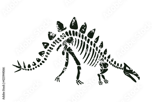 Vector stegosaurus dinosaur skeleton in black color. Dino ancient fossil silhouette
