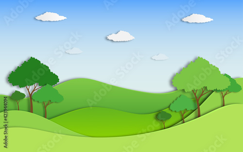 Mountain hills scene scenery landscape  in paper cut style design with trees, cloud, mountain, sun, can use for banner, book cover. poster, wallpaper, tourism ads vector illustration