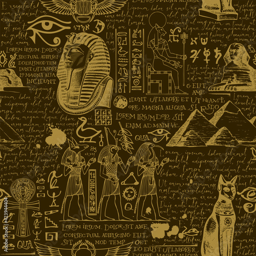 Seamless pattern on the theme of Ancient Egypt with hand-drawn Egyptian gods and handwritten text lorem ipsum on a dark backdrop. Vector abstract background. Retro wallpaper, wrapping paper, fabric