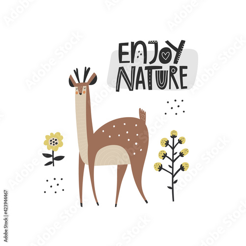 Enjoy Nature scandinavian style lettering inscription. Cute hand drawn deer