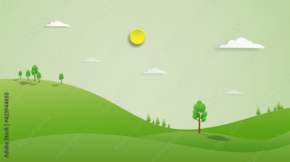 Fototapeta premium Mountain hills scene scenery landscape in paper cut style design with trees, cloud, mountain, sun, can use for banner, book cover. poster, wallpaper, tourism ads vector illustration