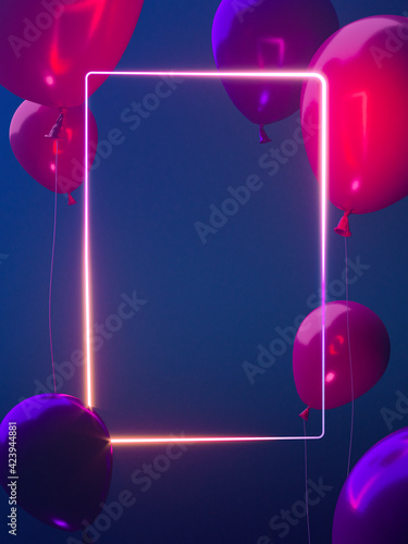 Photography Blank neon banner with balloons. High quality 3d illustration