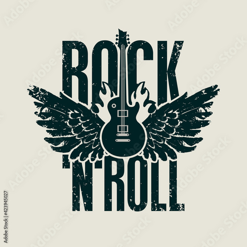 Rock 'n' roll - vector banner, logo, emblem, label or design element in grunge style. Creative black lettering with electric guitar and wings on fire. Cool print for t-shirt, tattoo or graffiti