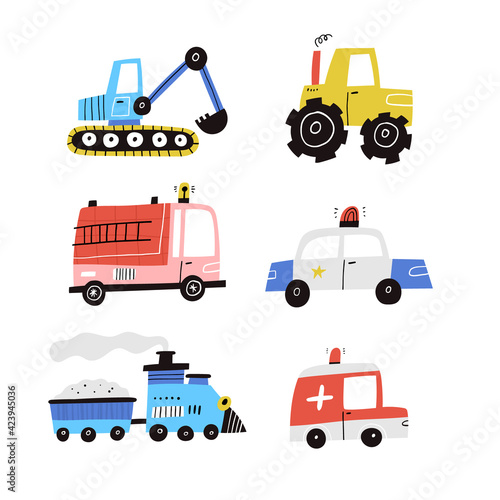 Cute cartoon cars vector collection isolated on white. Hand drawn flat vehicle set