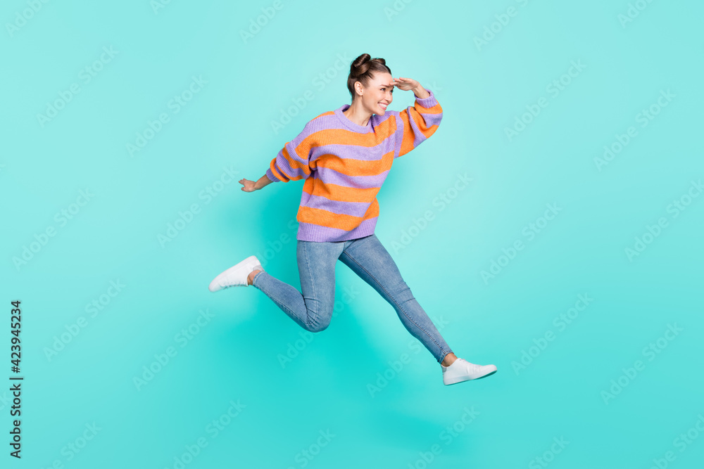 Full length profile photo of carefree person hand forehead look far empty space isolated on blue color background