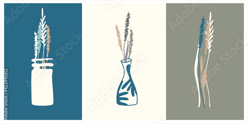 Decor printable art. Set of hand drawn vector illustrations of vases and plants