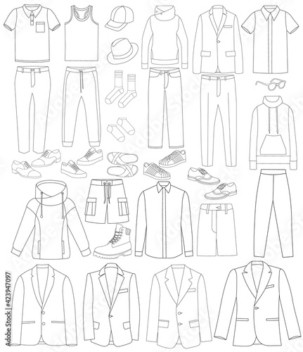 vector, isolated, contour, sketch mens clothing, set