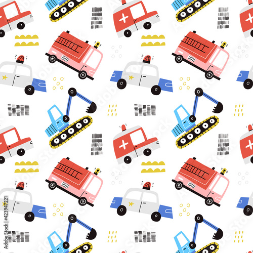 Cartoon emergency vehicles vector seamless pattern. Cute kids ambulance
