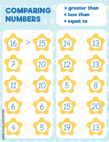 Comparing numbers worksheet practice print sheet. Vector illustration.