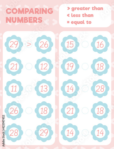 Comparing numbers worksheet practice print sheet. Vector illustration.