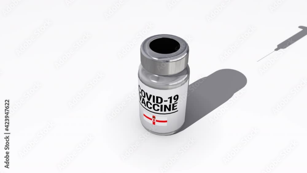Seamless looping 3D animation of the covid-19 vaccine injection of a bottle with the flag of Northern Ireland in 4K resolution Seamless looping 3D animation of the covid-19 vaccine injection of a bottle with the flag of Northern Ireland in 4K resolution