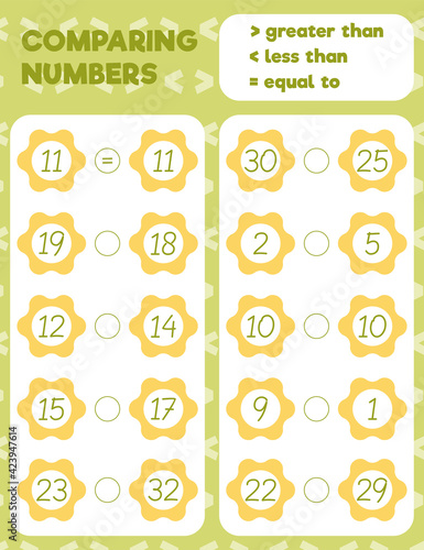 Comparing numbers worksheet practice print sheet. Vector illustration.