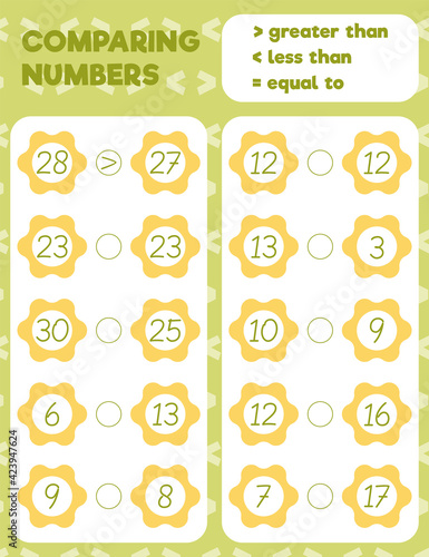 Comparing numbers worksheet practice print sheet. Vector illustration.