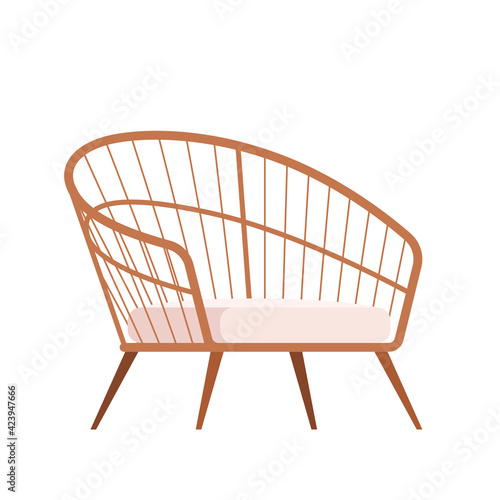 Stylish wicker comfortable chair in a flat cartoon style. Part of the interior of the living room or garden. Isolated on white background