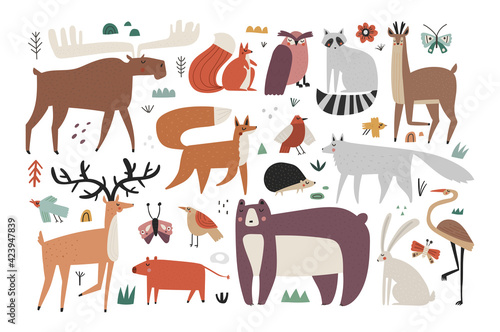 Collection of hand drawn vector woodland animals isolated on white background. Set of forest mammals, birds, insects in scandinavian style