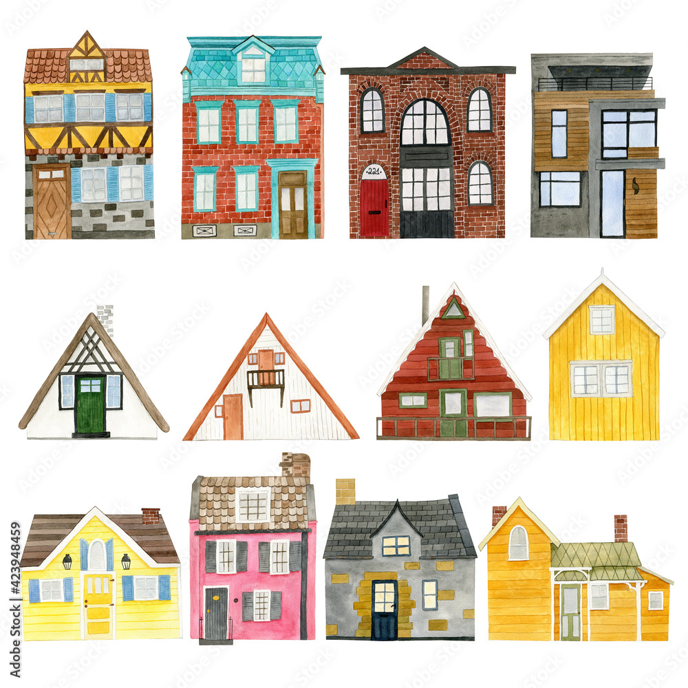 Set of different styles residential houses. Watercolor illustration for your design of cards, invitations, backgrounds, logo, posters, stickers, textile and other purposes.
Set of different styles residential houses. Watercolor illustration for your design of cards, invitations, backgrounds, logo, posters, stickers, textile and other purposes.