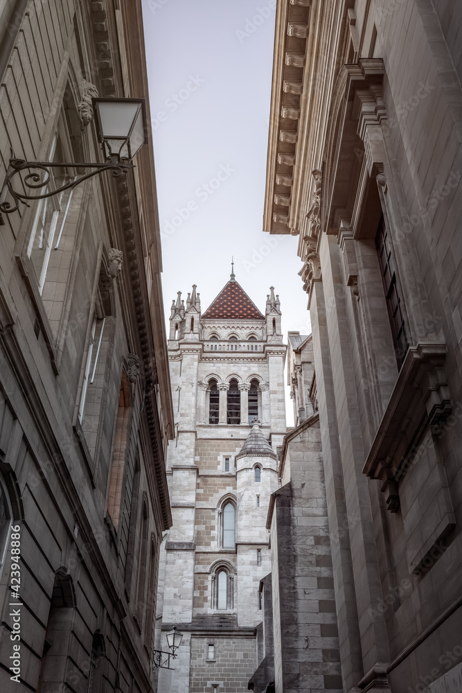 The north tower of The Cathedral of Saint Pierre in the old town of Geneva in early spring in the early morning. The north tower of The Cathedral of Saint Pierre in the old town of Geneva in early spring in the early morning.