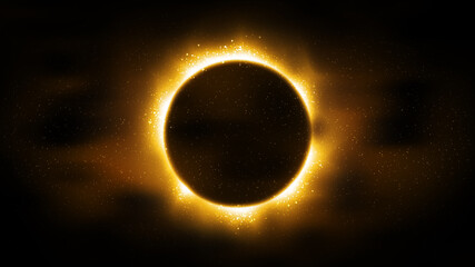 Luxury black background, particles golden glitter in form ring, circle. Shining gold frame, place for text. Awards ceremony. Festive round border. Beautiful background gold. Decorative solar eclipse