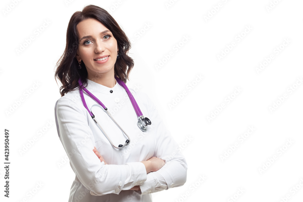 Medicine Ideas and Concepts. Professional Confident Female GP Doctor Posing in Doctor's Smock and Endoscope On White Background. Medicine Ideas and Concepts. Professional Confident Female GP Doctor Posing in Doctor's Smock and Endoscope On White Background.
