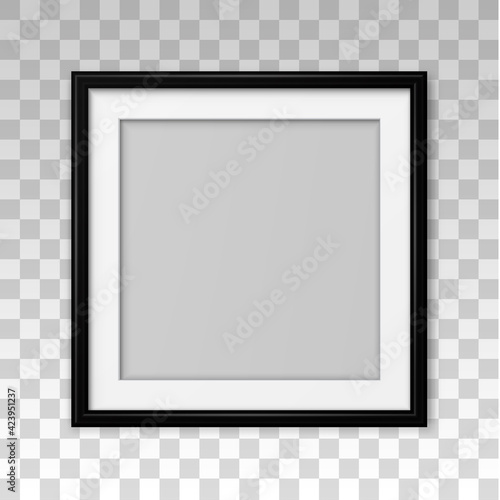 Square mockup black frame photo on wall. Mock up artwork picture framed. Horizontal boarder. Empty board photoframe. Modern stylish 3d border. Design prints poster, blank, painting image. Vector