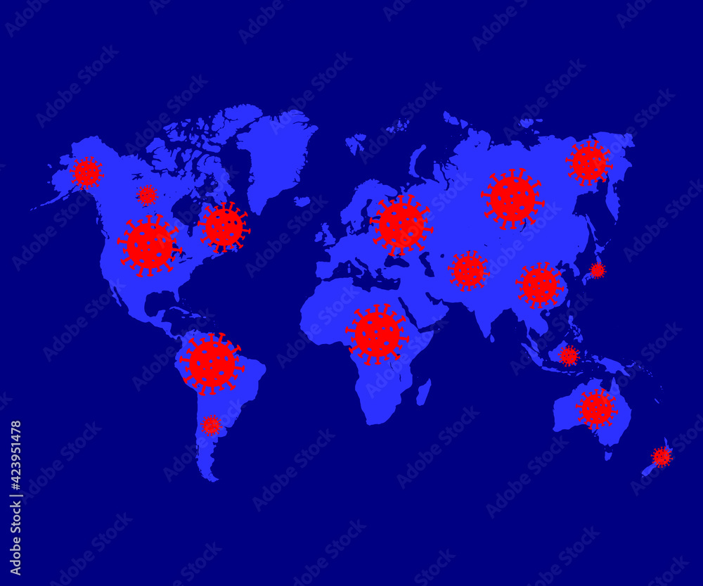 Fototapeta premium Globe and red coronavirus on blue background, vector illustration
