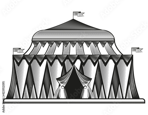 Vintage circus building. Carnaval construction in engraving style.