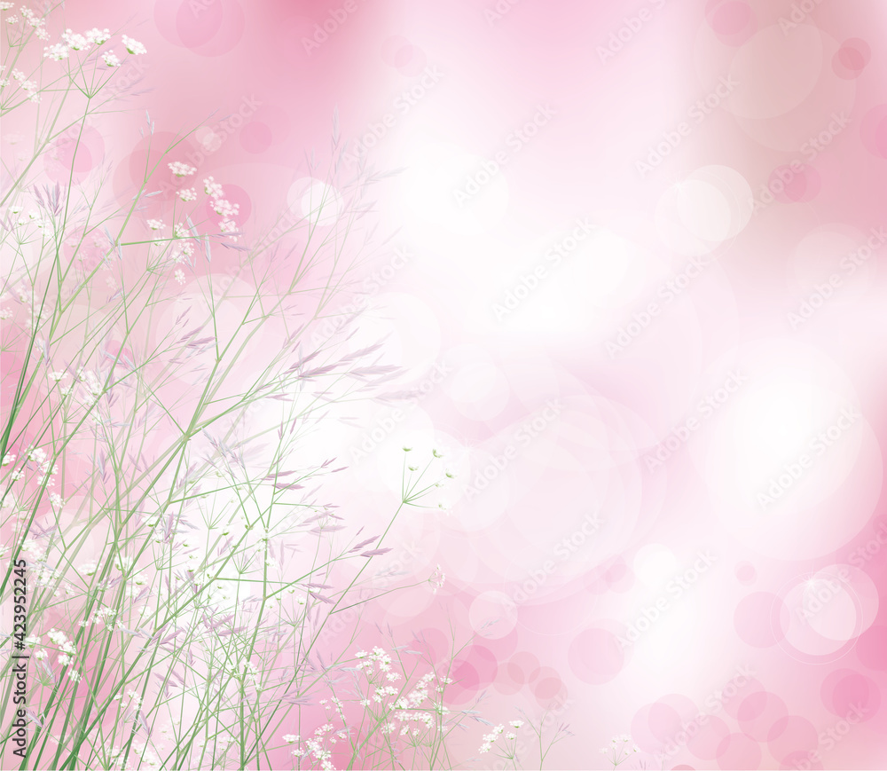 Vector floral background, flowers and plants on pink bokeh background. Vector floral background, flowers and plants on pink bokeh background.