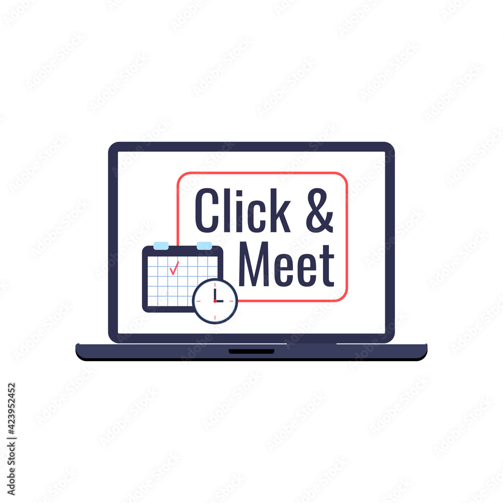 Click and meet visit time and date icon isolated on white background. Calendar and clock on laptop with click meet text. Flat cartoon supermarket shopping event schedule vector illustration. Click and meet visit time and date icon isolated on white background. Calendar and clock on laptop with click meet text. Flat cartoon supermarket shopping event schedule vector illustration.