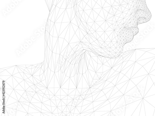 Wireframe model of a girl turned her head. Neck close-up. 3D. Vector illustration