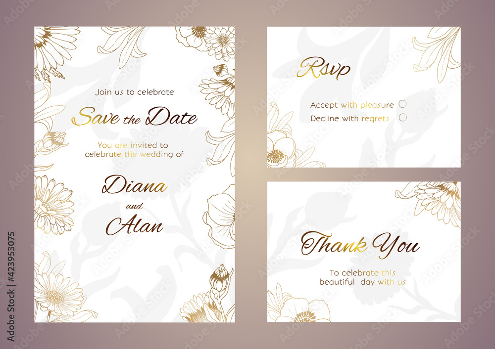 Plants line gold. Luxurious golden nature. Flowers in a thin line. Luxurious wedding invitation. Light pastel shades. Vector abstract background.