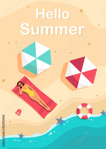 woman lying and sunbathing on the beach. Minimalist vector mockup background. Hello summer