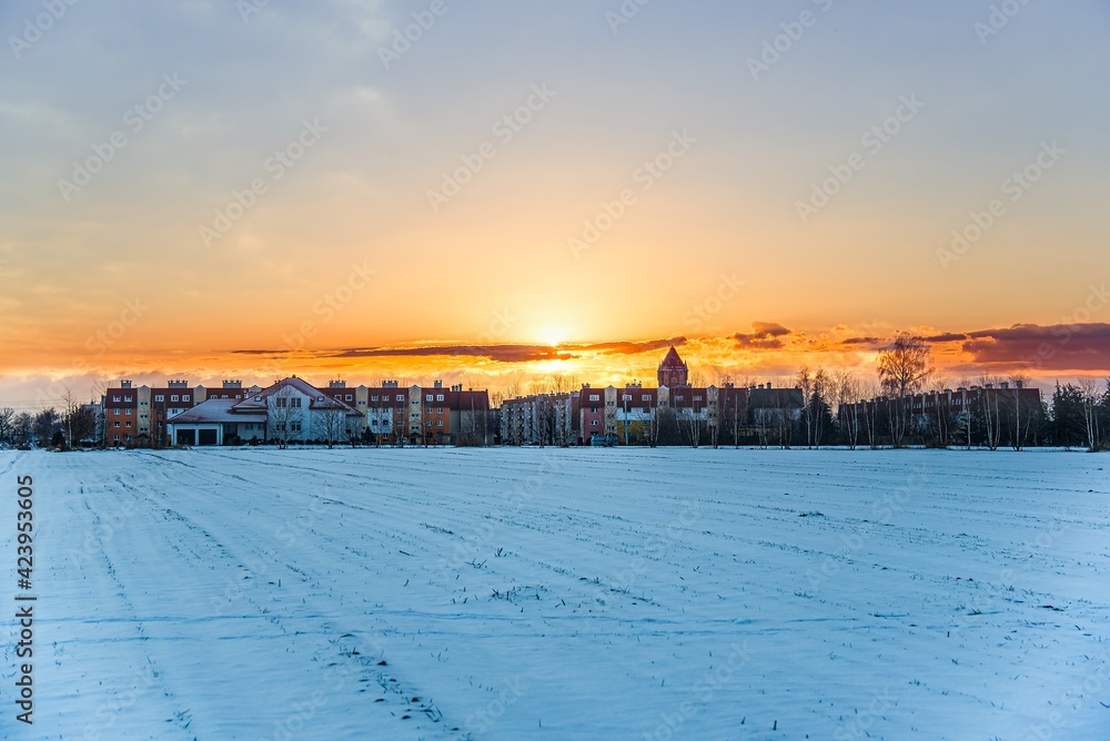 urban landscape in winter Poland . sunset Christmas