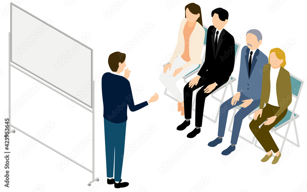 Fototapeta premium ビジネスシーン、説明を聞く男女、アイソメトリック