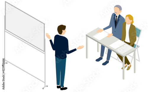ビジネスシーン、説明を聞く男女、アイソメトリック