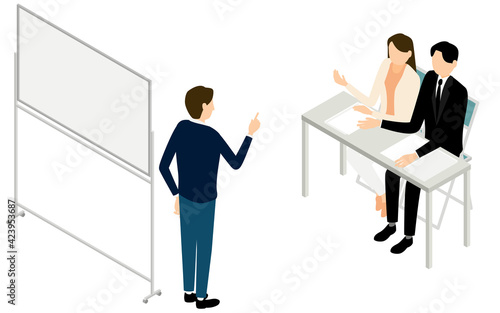 ビジネスシーン、説明を聞く男女、アイソメトリック