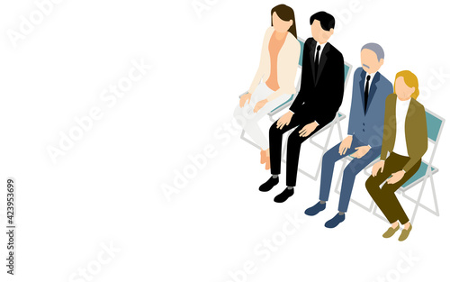ビジネスシーン、パイプ椅子に座って待つ男女、アイソメトリック © TKM