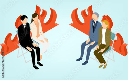 ビジネスシーン、交渉に臨むビジネスマン、アイソメトリック