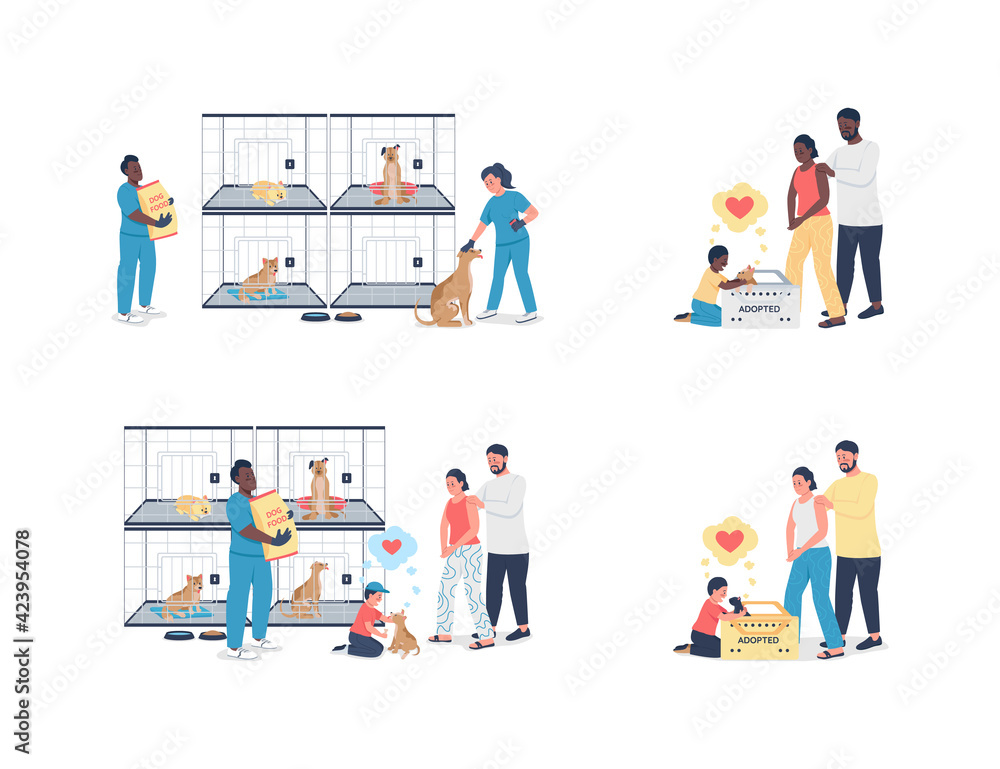 Family adopting pet from shelter flat color vector detailed character set. Charity organization. Homeless animal rescue isolated cartoon illustration for web graphic design and animation collection