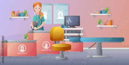 Veterinarian in vet clinic admission office. Colorful illustration of pet clinic. Animal hospital with doctor.
