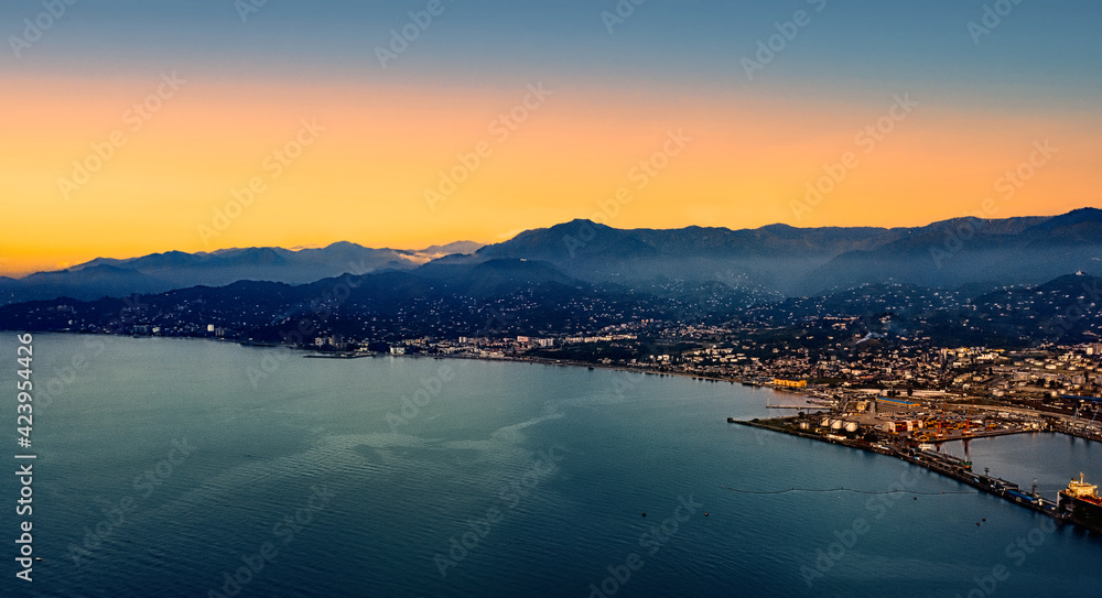 View of the city of Batumi, sea, mountains from a drone