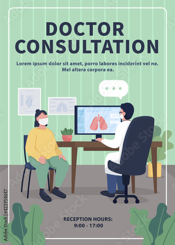 Doctor consultation poster flat vector template. Pulmonary disease. Patient in general practitioner office. Brochure, booklet one page concept design with cartoon characters. Healthcare flyer, leaflet