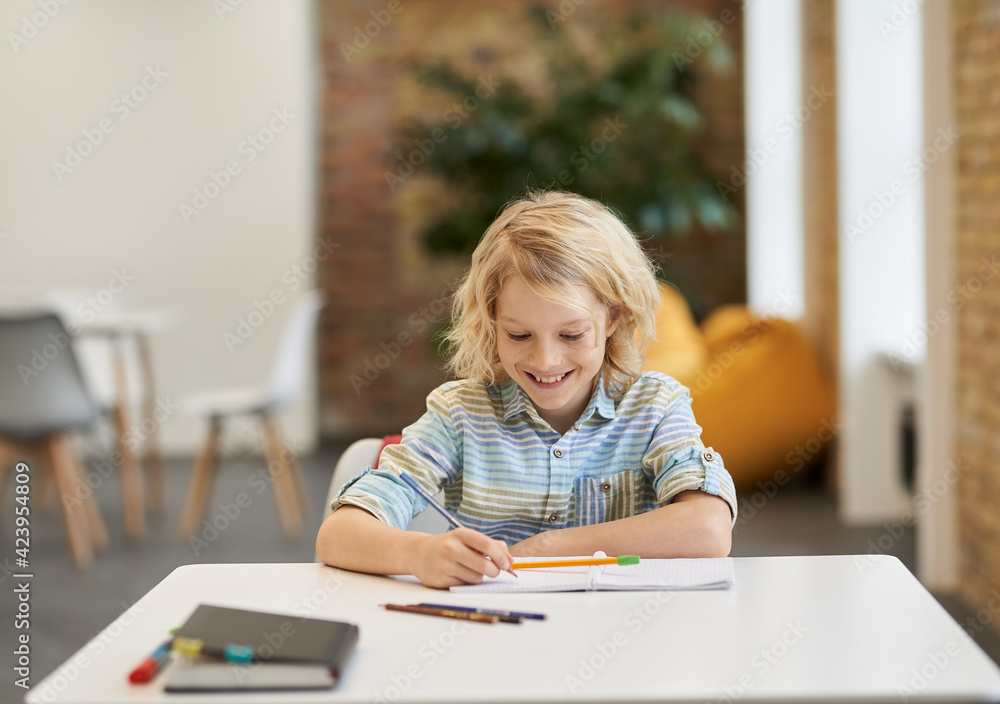 Excited school boy smiling and doing sums, writing in his notebook while sitting at the desk in classroom Excited school boy smiling and doing sums, writing in his notebook while sitting at the desk in classroom
