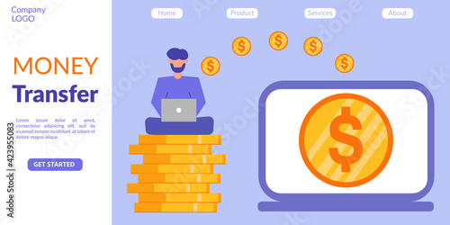 Financial savings or economy concept. Money transfer from laptop to laptop. Flat character sending money. Safe banking. Can be use for banner, landing page,web,ui, template, background, flyer, poster.