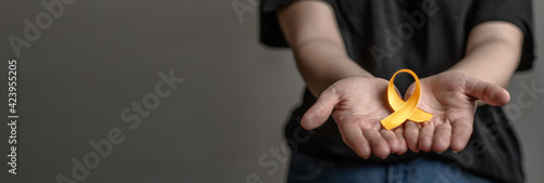 Close up female hands hold yellow ribbon. Concept of suicide problems and their prevention. Empty space for text