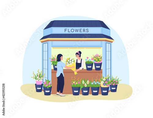 Flowers kiosk 2D vector web banner  poster. Florist shop. Women buying and selling bouquets flat characters on cartoon background. Small business printable patch  colorful web element